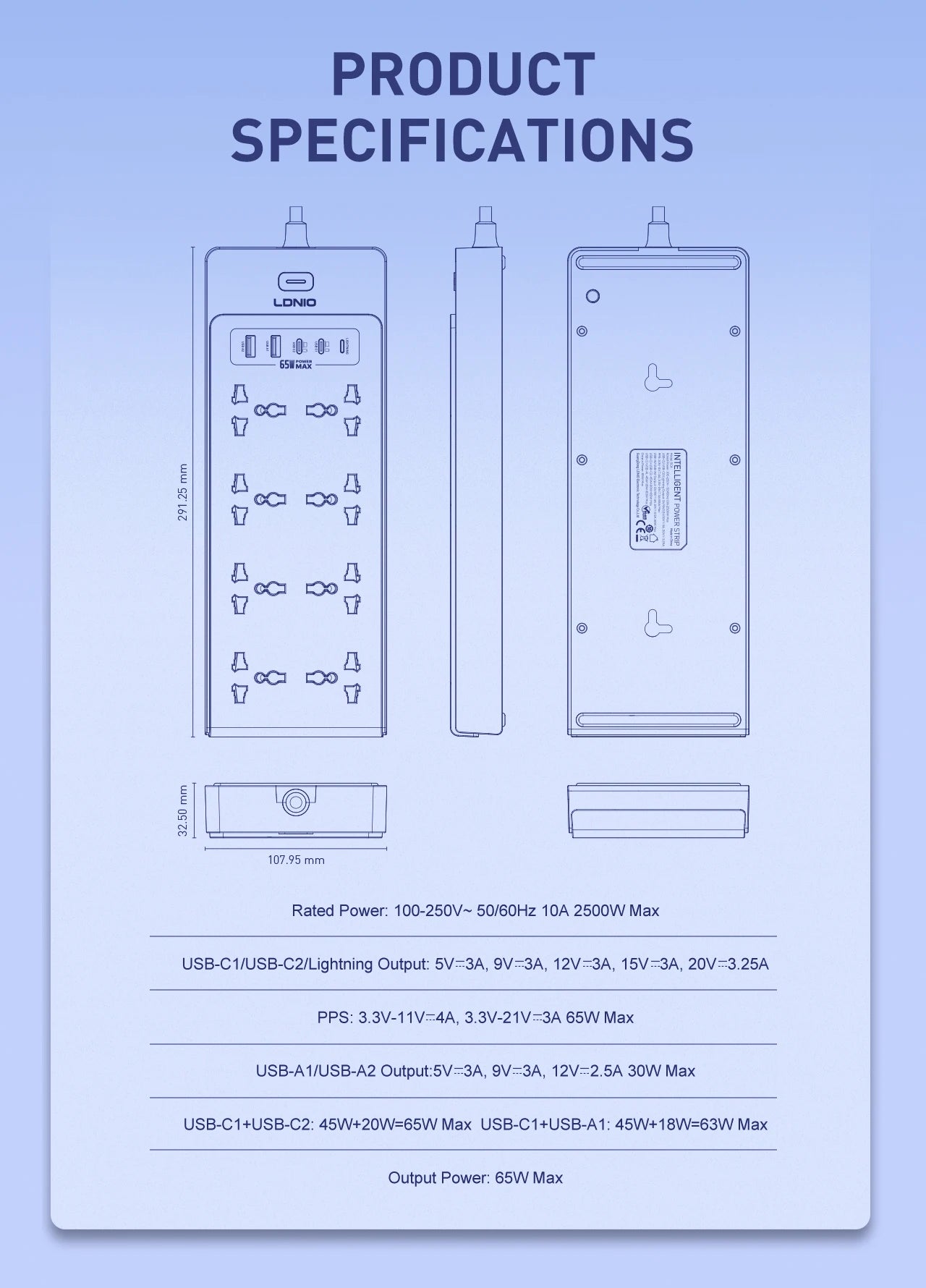 13-in-1 65W Power Strip Surge Protector LDNIO With 8 Universal AC Outlets PD USB C QC USB A Desktop Fast Charging Station 2500W