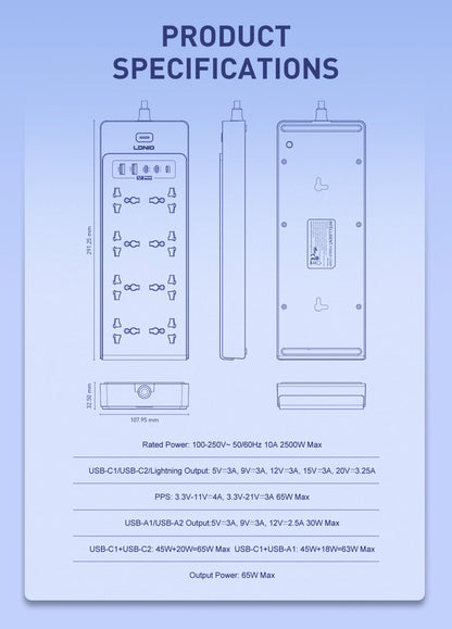 13-in-1 65W Power Strip Surge Protector LDNIO With 8 Universal AC Outlets PD USB C QC USB A Desktop Fast Charging Station 2500W