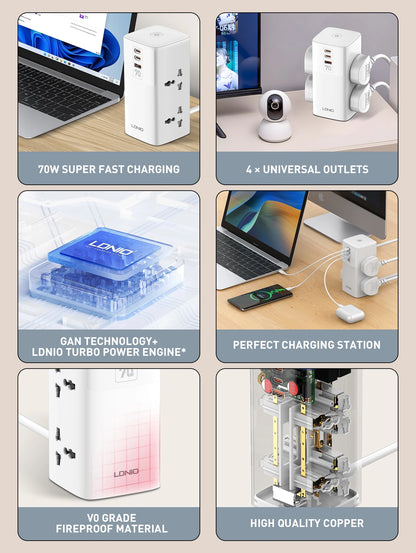 LDNIO Tower Power Strip Multi Outlets with 70W Type C 2M Extension Cable EU UK US Plug Vertical Electric Socket Surge Protection