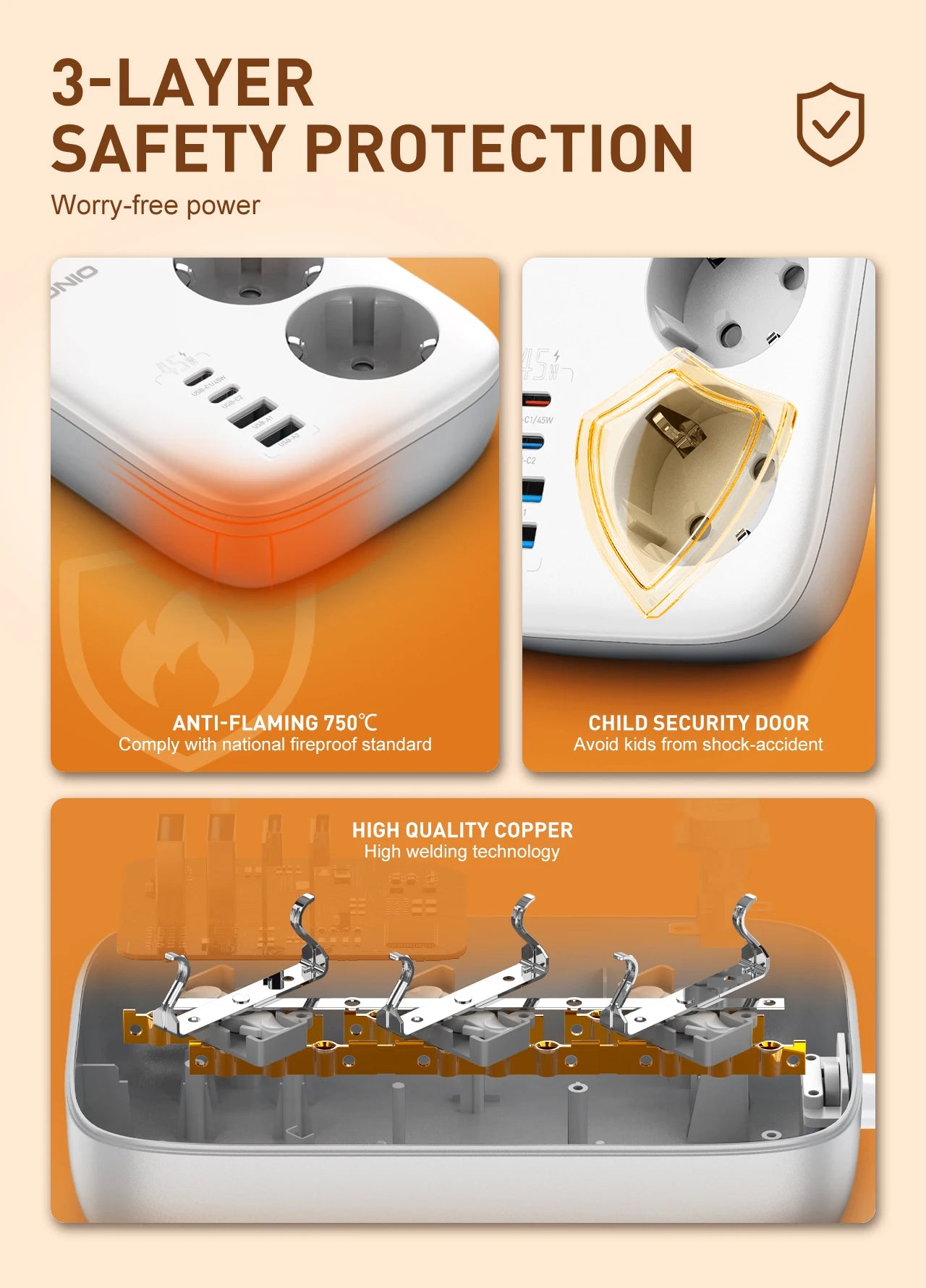 LDNIO EU Plug Power Strip 3 Outlet with 65W 4 USB C Port Electrical Socket Universal Outlet Home Office Adapter Surge Protector