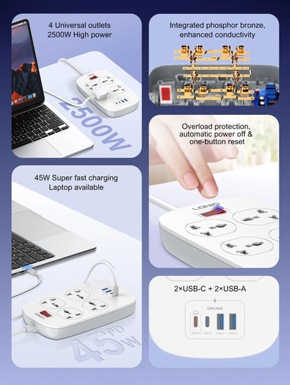 LDNIO 4 Outlets Universal Power Strip with 45W PD USB C Fast Charging 2M Extension Cable Surge Protector EU US UK Plug Socket