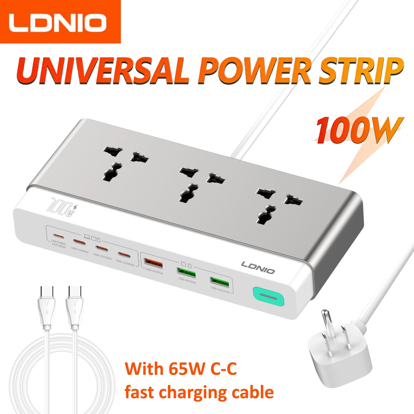 LDNIO 100W Desktop Power Strip Socket Fast Charge 3 Universal AC Outlet PD Type C USB Fast Charging Station 2500W US UK EU Plug