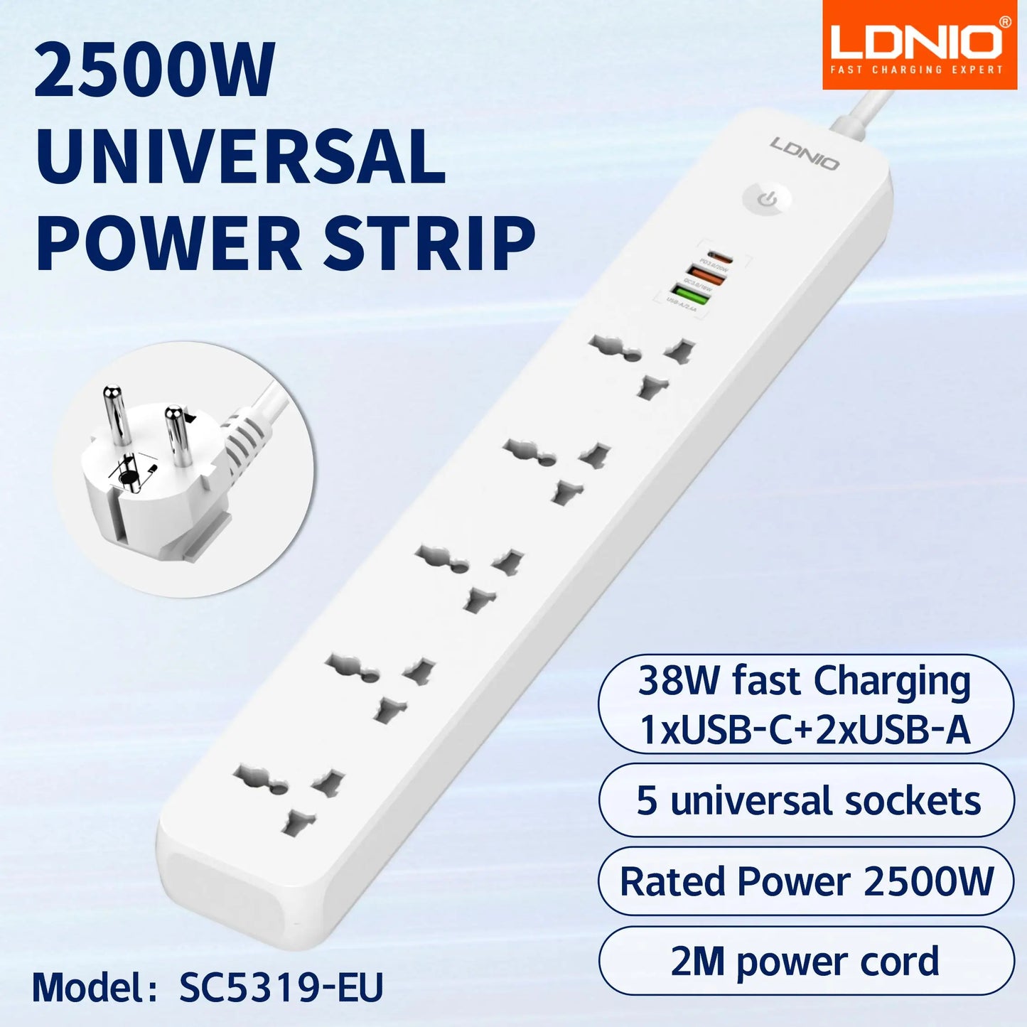 LDNIO USB C Universal Power Strip Multiprise with 6 USB Fast Charging Ports 5 AC Outlets Electrical Socket 2M Extension Cable