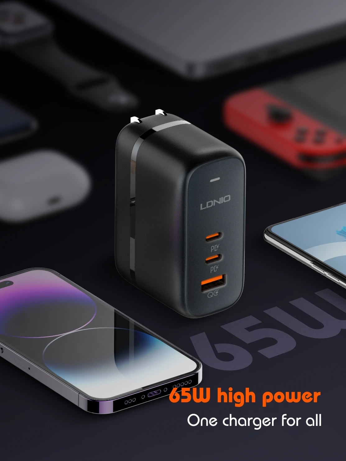 LDNIO 65W GaN USB Type C Multi Travel Power Adapter QC PD PPS SCP 45W Fast Wall Charging For iPhone 15 Galaxy iPad MacBook Air