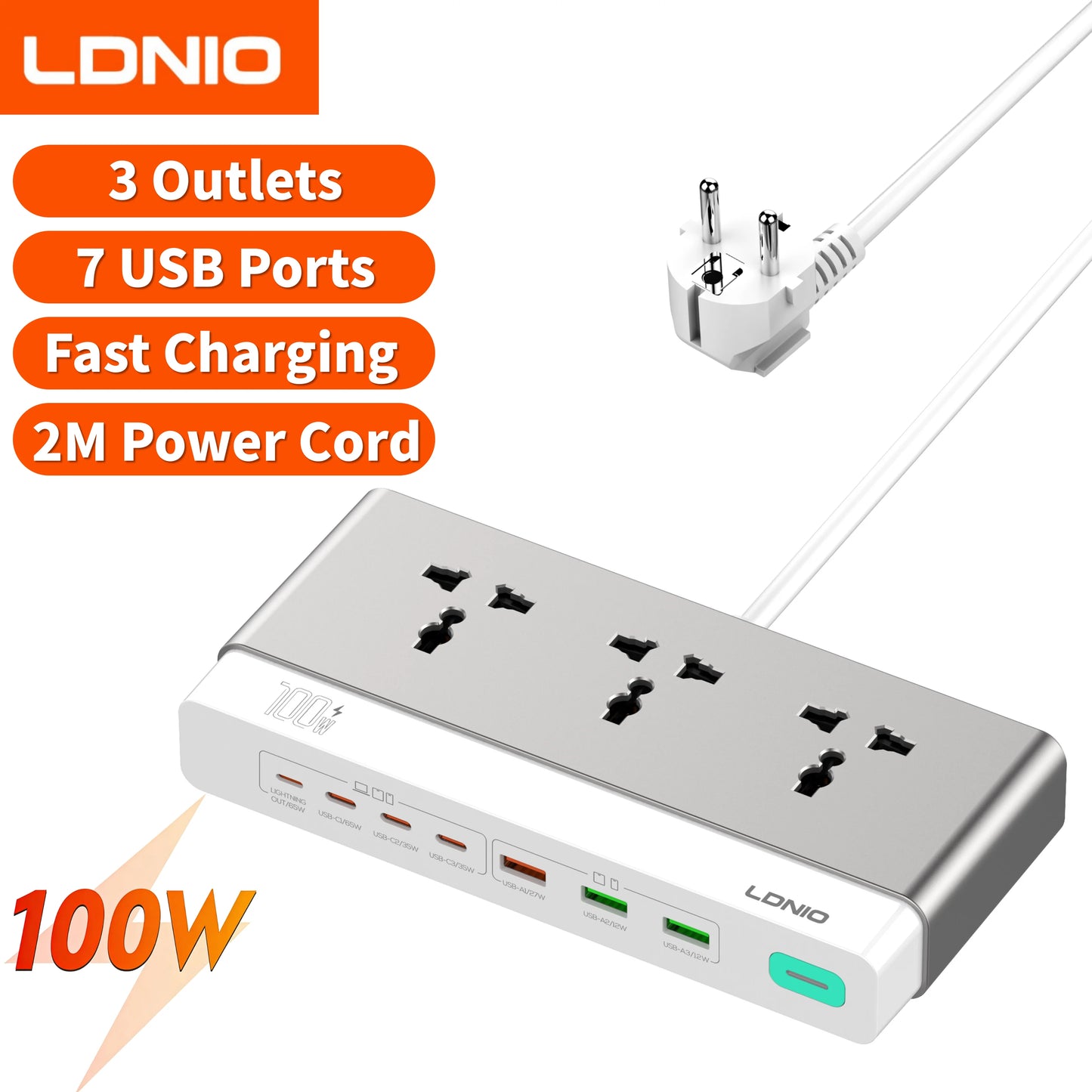 13-in-1 65W Power Strip Surge Protector LDNIO With 8 Universal AC Outlets PD USB C QC USB A Desktop Fast Charging Station 2500W