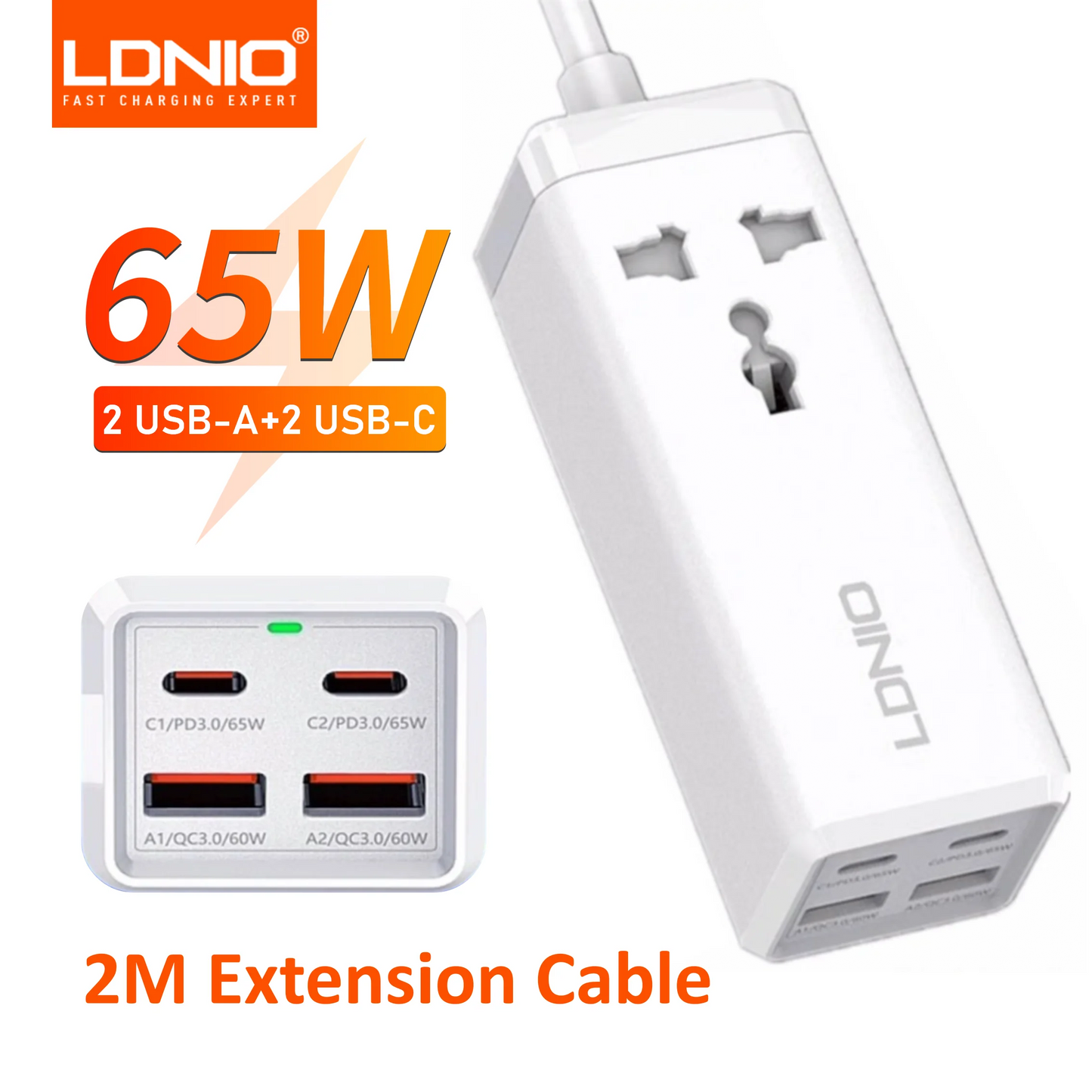 LDNIO Power Extension with PD 65W Multi Function Charger Adapter 2M Extension Cable Socket Electric 4 USB Power Strip SC1418