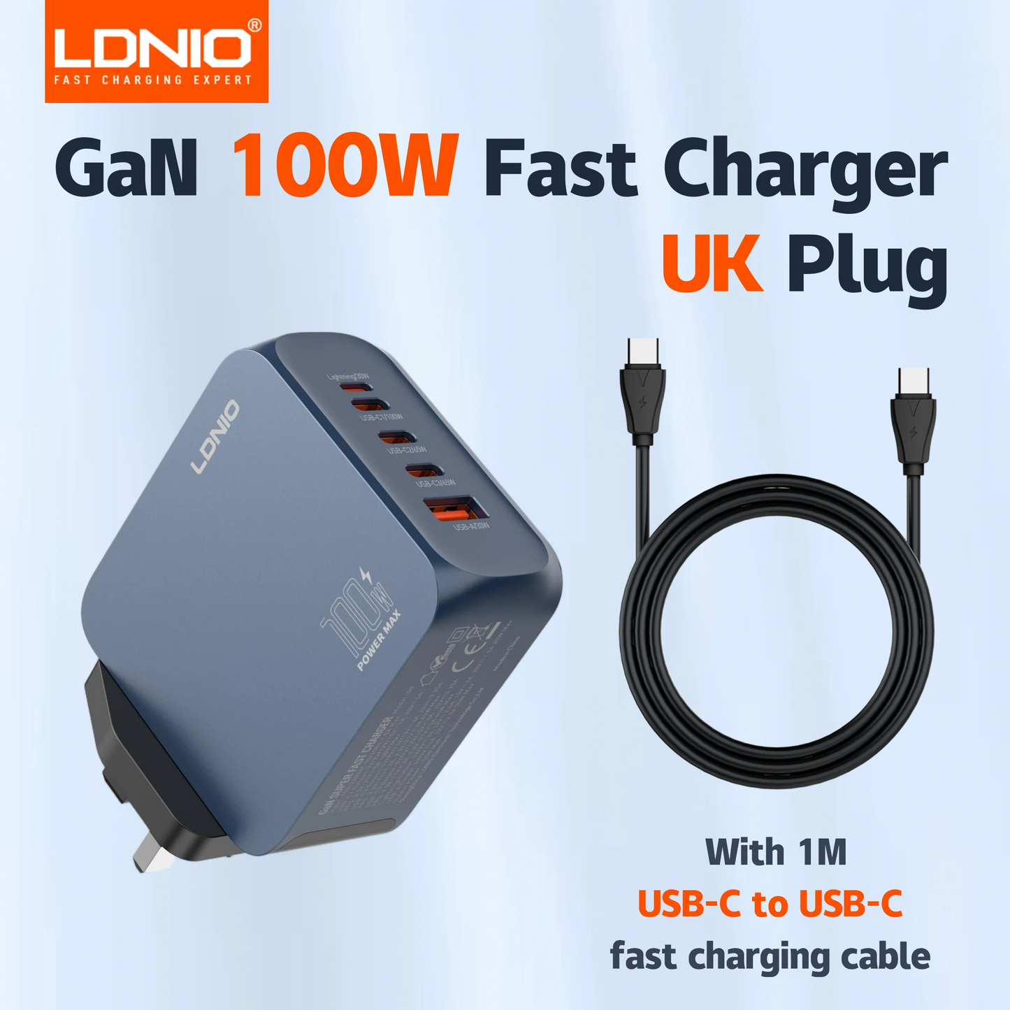 LDNIO GaN 100W USB C Charger 4 Port Compact Wall Charger Power Adapter For MacBook Pro/Air, iPad, iPhone 16 ,Galaxy ,Laptop