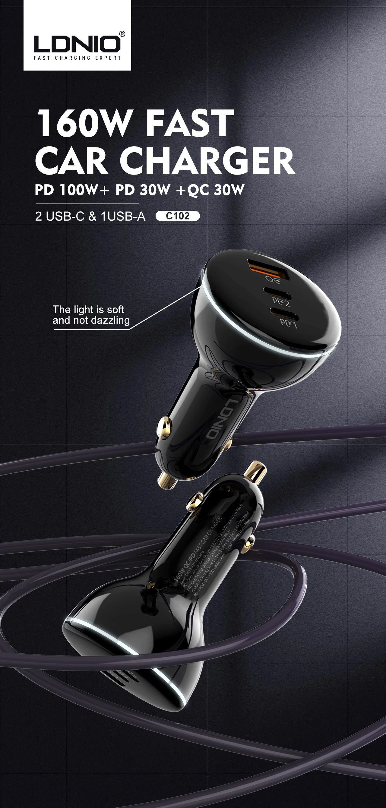 LDNIO 160W 3 Ports USB C Car Charger 3 in 1 100W 30W Fast Charging PD QC 3.0 with LDE Display For Laptop Mobile Cell Phone