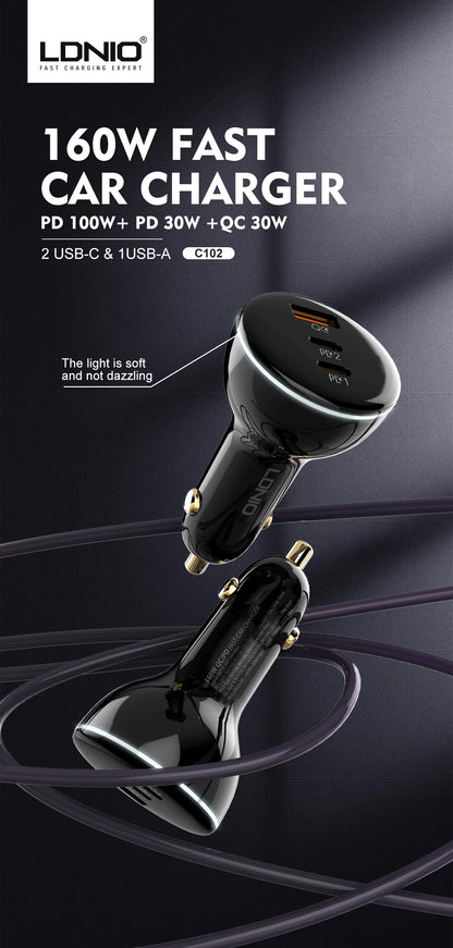 LDNIO 160W 3 Ports USB C Car Charger 3 in 1 100W 30W Fast Charging PD QC 3.0 with LDE Display For Laptop Mobile Cell Phone
