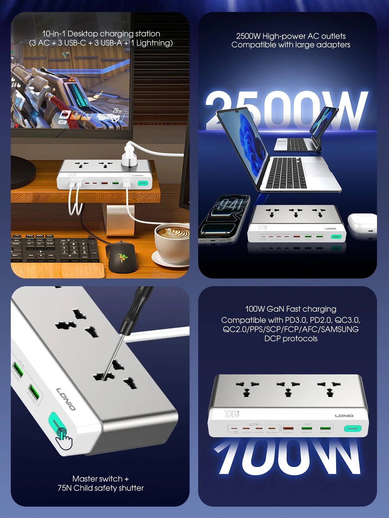 LDNIO 100W Travel Power Strip 3 AC Outlets 5 USB Ports Type C 2M  Power Extension Multi Socket 2500W with Switch for Home office