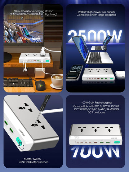 LDNIO 100W Travel Power Strip 3 AC Outlets 5 USB Ports Type C 2M  Power Extension Multi Socket 2500W with Switch for Home office