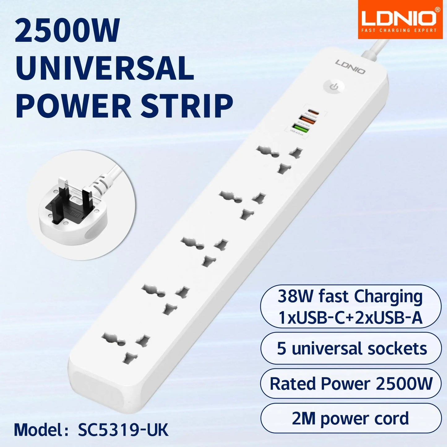 LDNIO USB C Universal Power Strip Multiprise with 6 USB Fast Charging Ports 5 AC Outlets Electrical Socket 2M Extension Cable