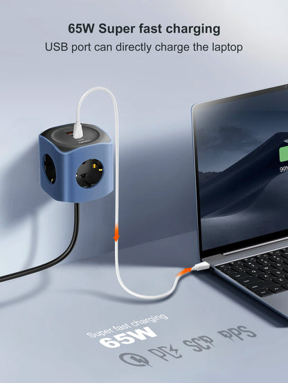 LDNIO European power strip cube power socket 65w fast charging station USB-C USB-A 3 outlet power tower 2m EU plug power cord