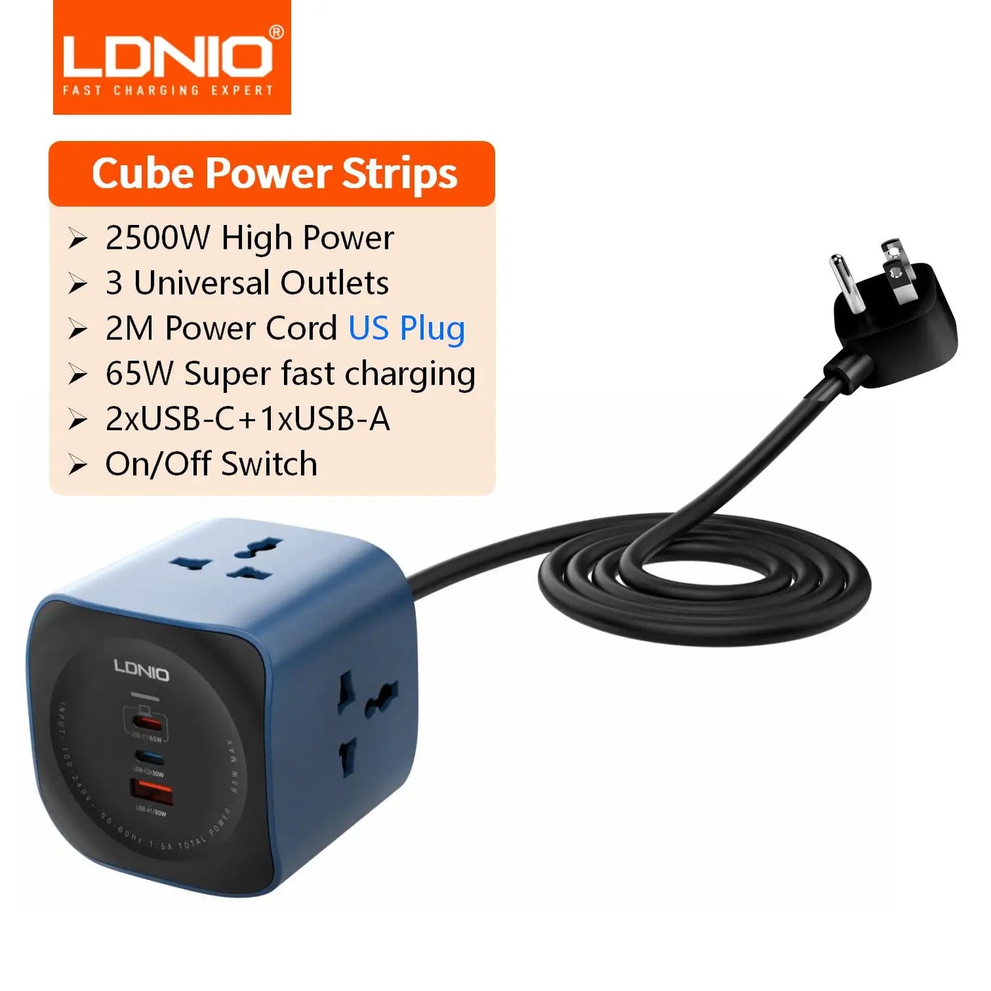 LDNIO European power strip cube power socket 65w fast charging station USB-C USB-A 3 outlet power tower 2m EU plug power cord