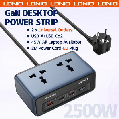 LDNIO 45W 5-in-1 Power Strip with 2 AC Outlets 2 USB C USB A Port Fast Charging Anti-slip Desktop Multi Universal Socket