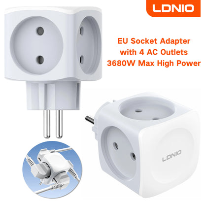 LDNIO 4 EU Outlet Power Cube, Expandable 3680W High Voltage Power Strip No Cable EU Plug Power Adapter for Office, Home, Kitchen