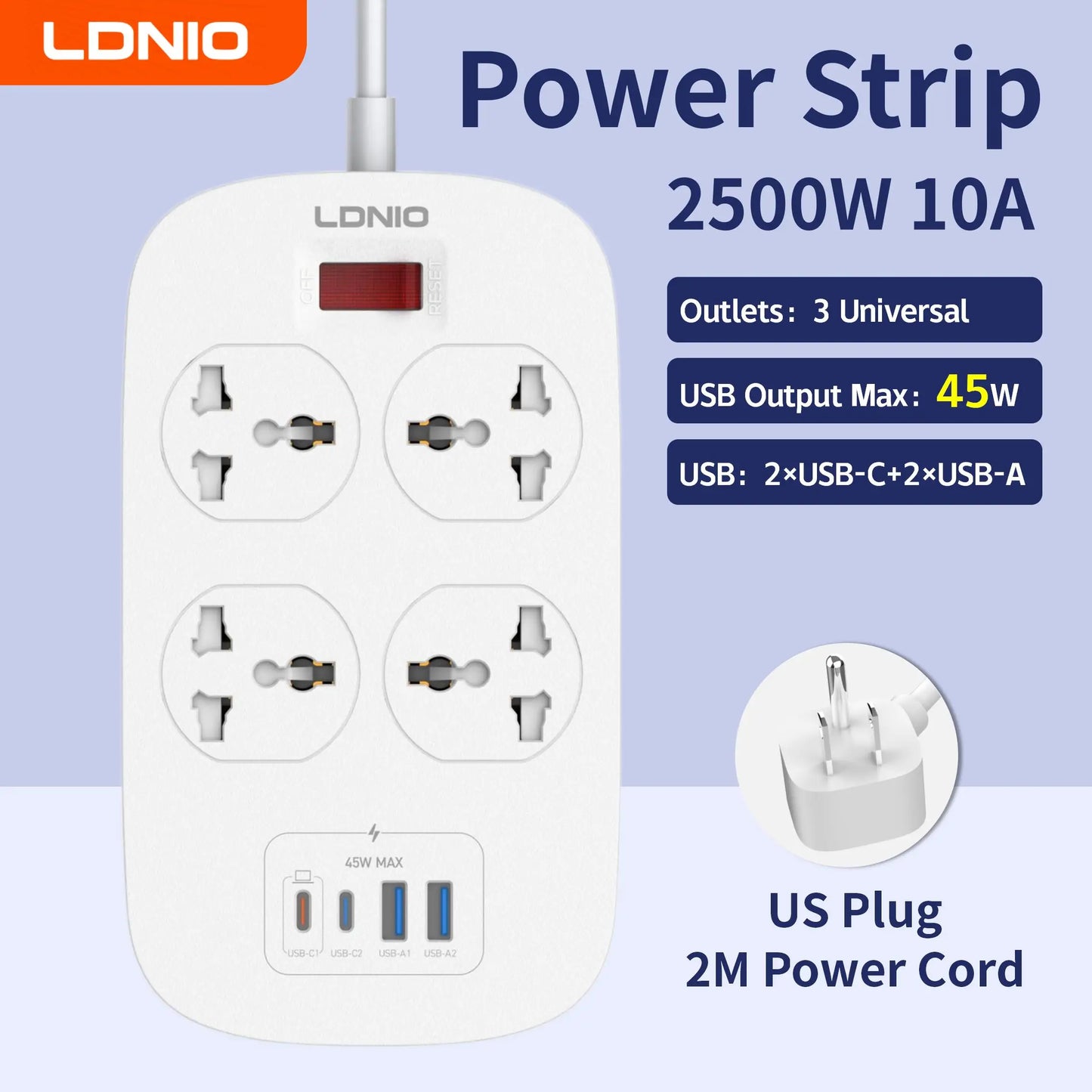 LDNIO 4 Outlets Universal Power Strip with 45W PD USB C Fast Charging 2M Extension Cable Surge Protector EU US UK Plug Socket