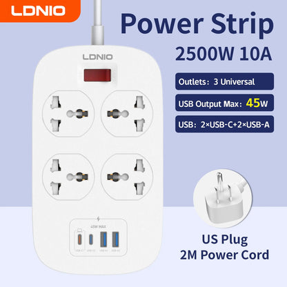 LDNIO 4 Outlets Universal Power Strip with 45W PD USB C Fast Charging 2M Extension Cable Surge Protector EU US UK Plug Socket