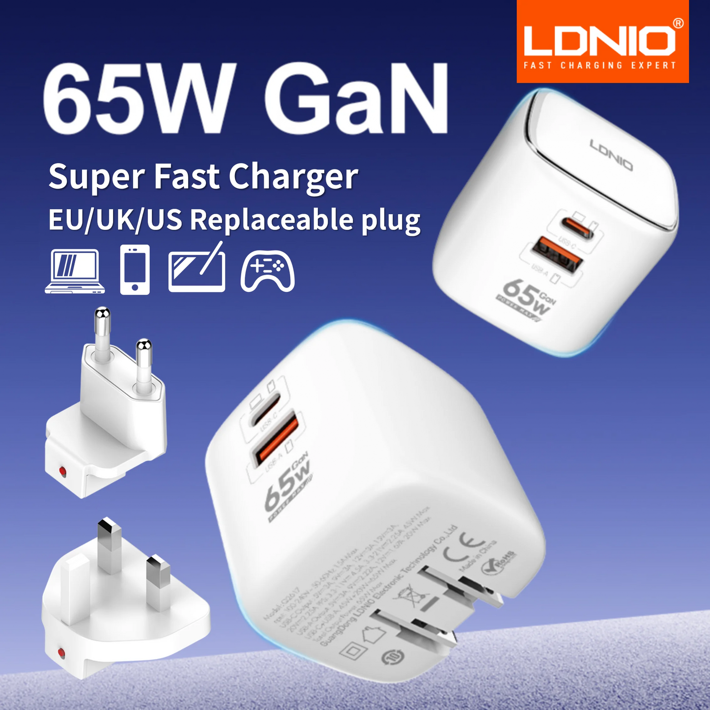 LDNIO 65W Travel Charger Dual USB C Ports International Universal Travel Adapter European Charger with Foldable USA UK EU Plug