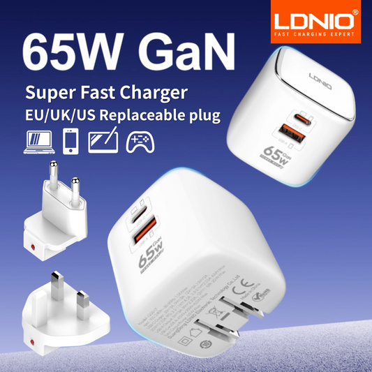 LDNIO 65W Travel Charger Dual USB C Ports International Universal Travel Adapter European Charger with Foldable USA UK EU Plug