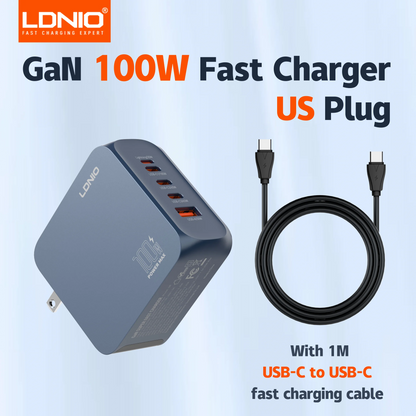 LDNIO GaN 100W USB C Charger 4 Port Compact Wall Charger Power Adapter For MacBook Pro/Air, iPad, iPhone 16 ,Galaxy ,Laptop