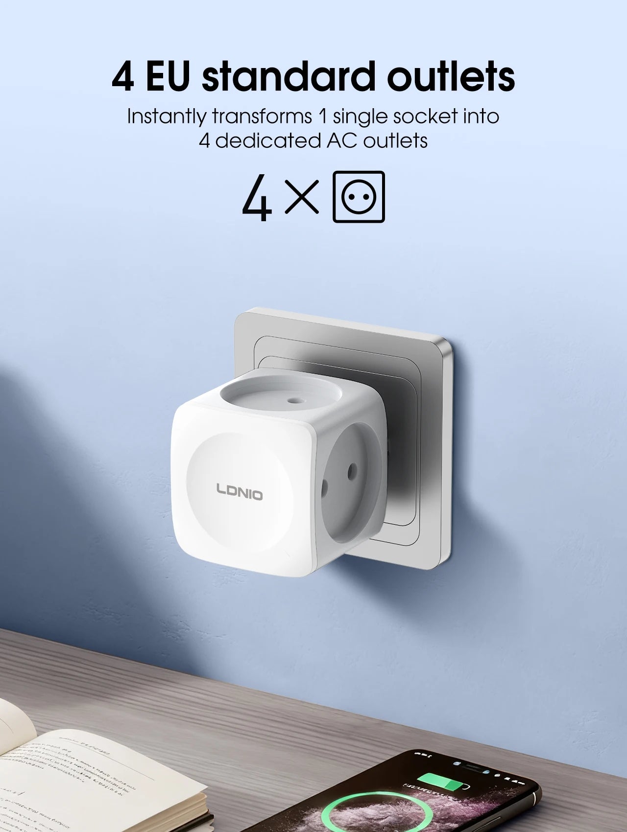 LDNIO 4 EU Outlet Power Cube, Expandable 3680W High Voltage Power Strip No Cable EU Plug Power Adapter for Office, Home, Kitchen