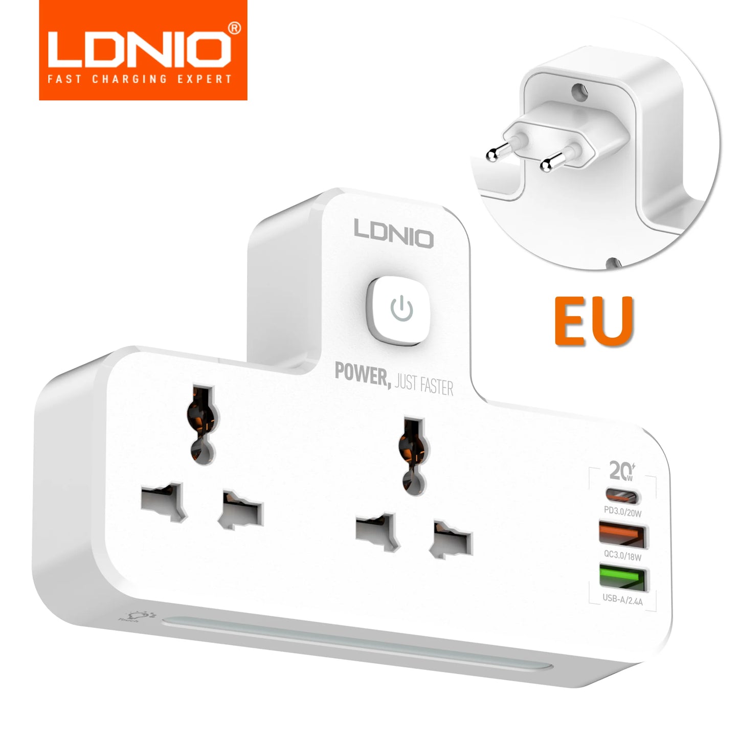 LDNIO Universal Power Strip Multi-functional Night Lamp Extension Socket 2 Outlets Wall Adapter With 3 PD QC3.0 USB Port SC2311