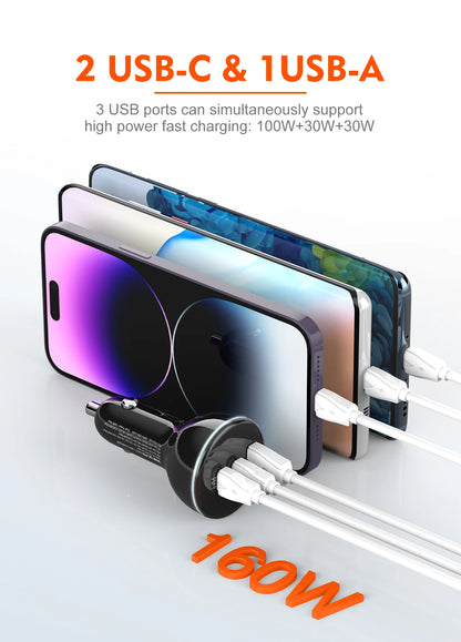 LDNIO 160W 3 Ports USB C Car Charger 3 in 1 100W 30W Fast Charging PD QC 3.0 with LDE Display For Laptop Mobile Cell Phone