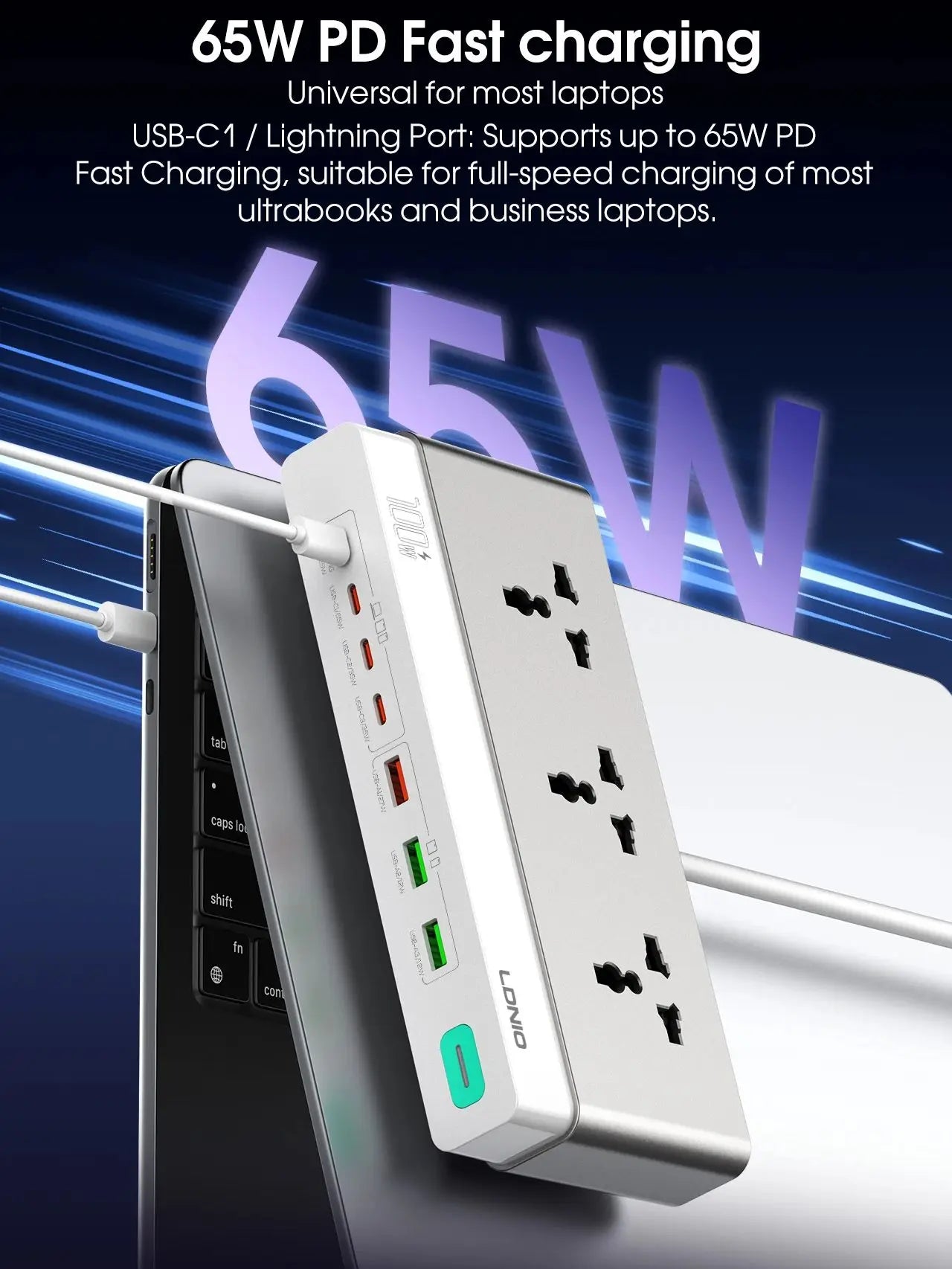 LDNIO 100W Travel Power Strip 3 AC Outlets 5 USB Ports Type C 2M  Power Extension Multi Socket 2500W with Switch for Home office