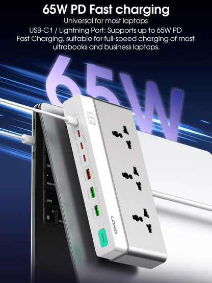 LDNIO 100W Travel Power Strip 3 AC Outlets 5 USB Ports Type C 2M  Power Extension Multi Socket 2500W with Switch for Home office