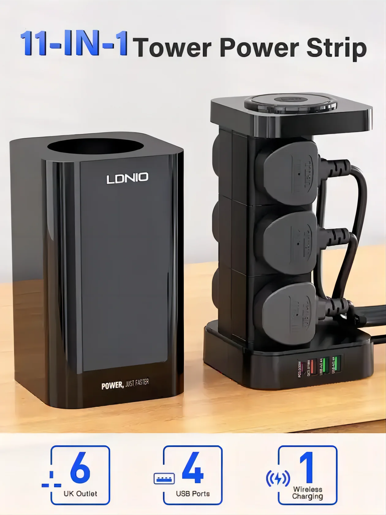 LDNIO UKCA Vertical Power Plug Tower Shape Extension Socket UK Outlet with USB-A USB-C Charging Power Socket Strip