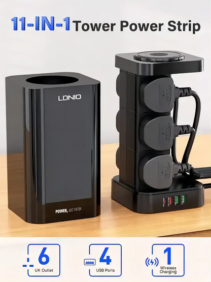 LDNIO UKCA Vertical Power Plug Tower Shape Extension Socket UK Outlet with USB-A USB-C Charging Power Socket Strip