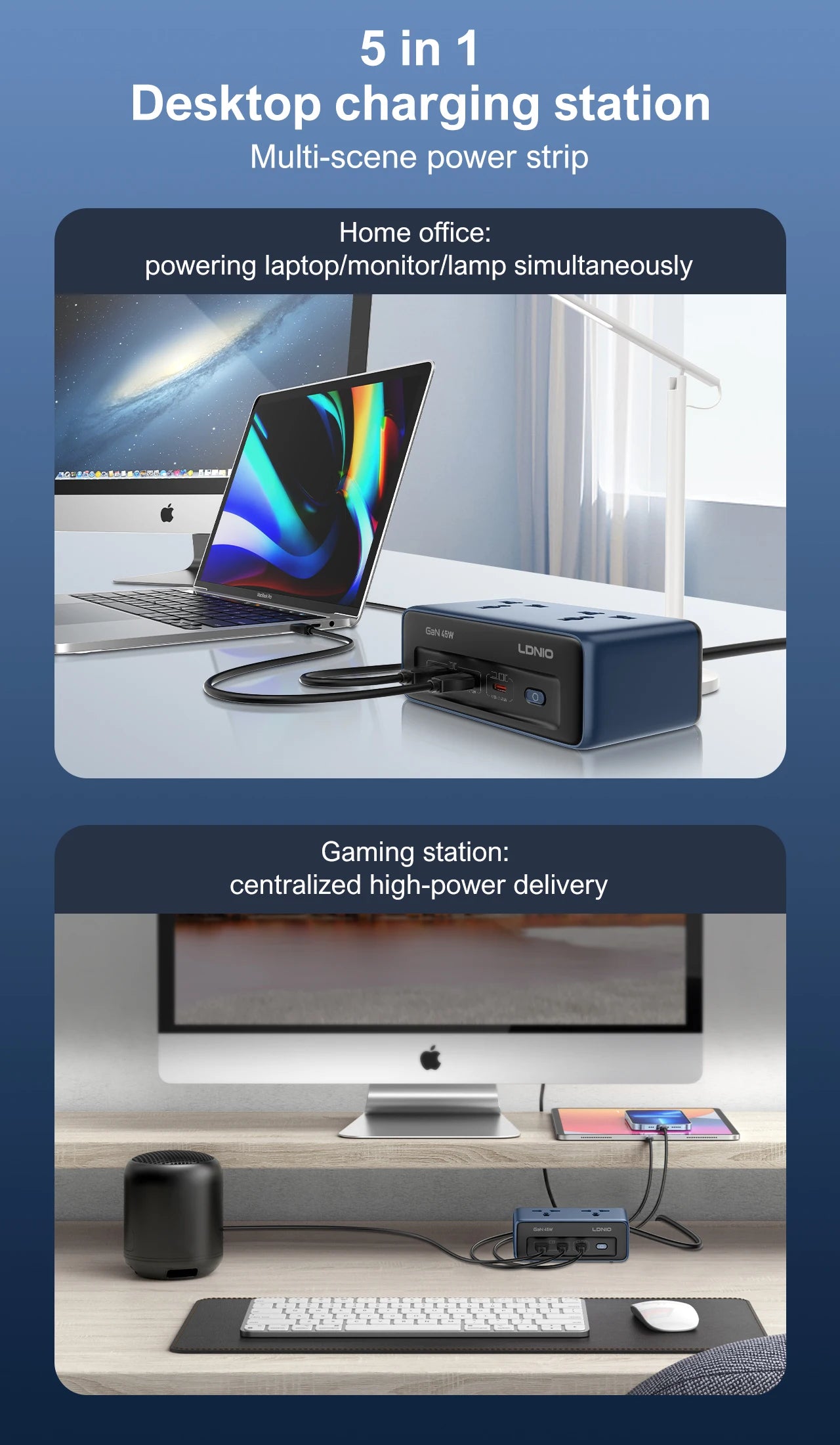 LDNIO 45W 5-in-1 Power Strip with 2 AC Outlets 2 USB C USB A Port Fast Charging Anti-slip Desktop Multi Universal Socket