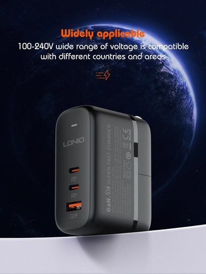 LDNIO GaN 65W USB C Charger Travel Charger PD QC Wall Charger 3 Port International Plug Adapter EU UK US AU Travel Plug Adapter