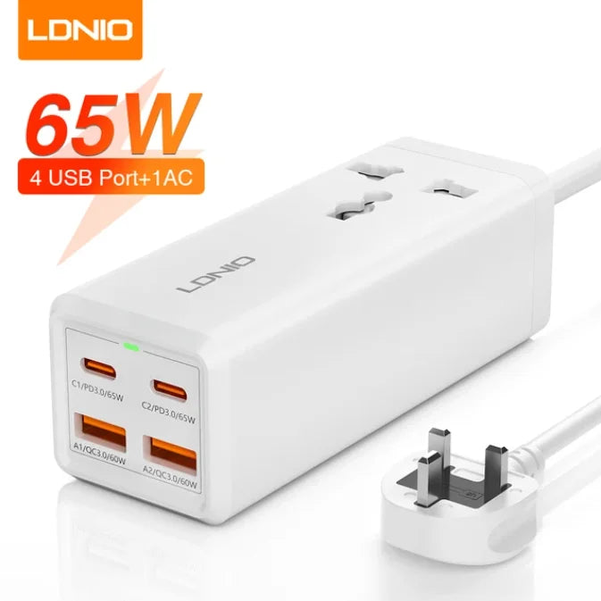 LDNIO Power Extension with PD 65W Multi Function Charger Adapter 2M Extension Cable Socket Electric 4 USB Power Strip SC1418