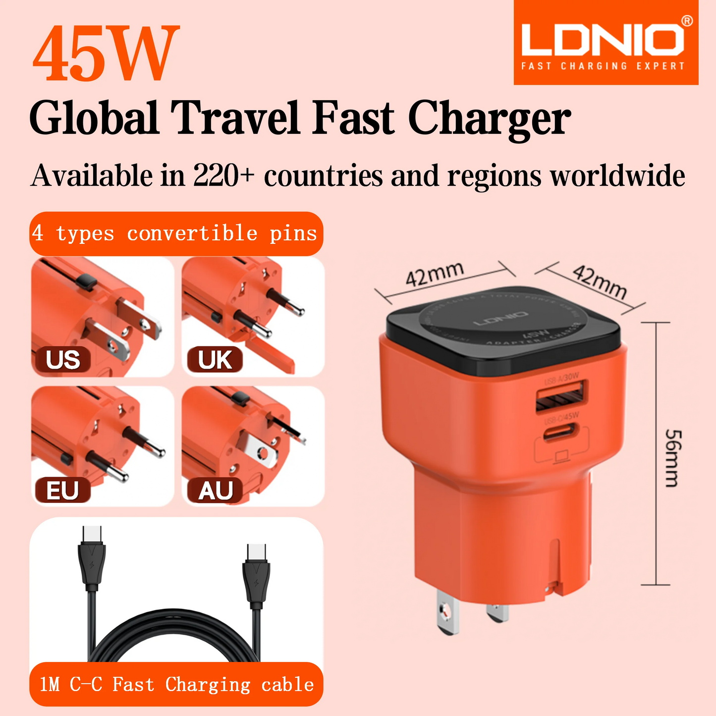 LDNIO PD45W All-in-one Universal Travel Adapter Mobile Phone Fast Charger UK EU US AU Plug Adapter for iPad iphone 16/15/14