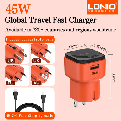 LDNIO PD45W All-in-one Universal Travel Adapter Mobile Phone Fast Charger UK EU US AU Plug Adapter for iPad iphone 16/15/14