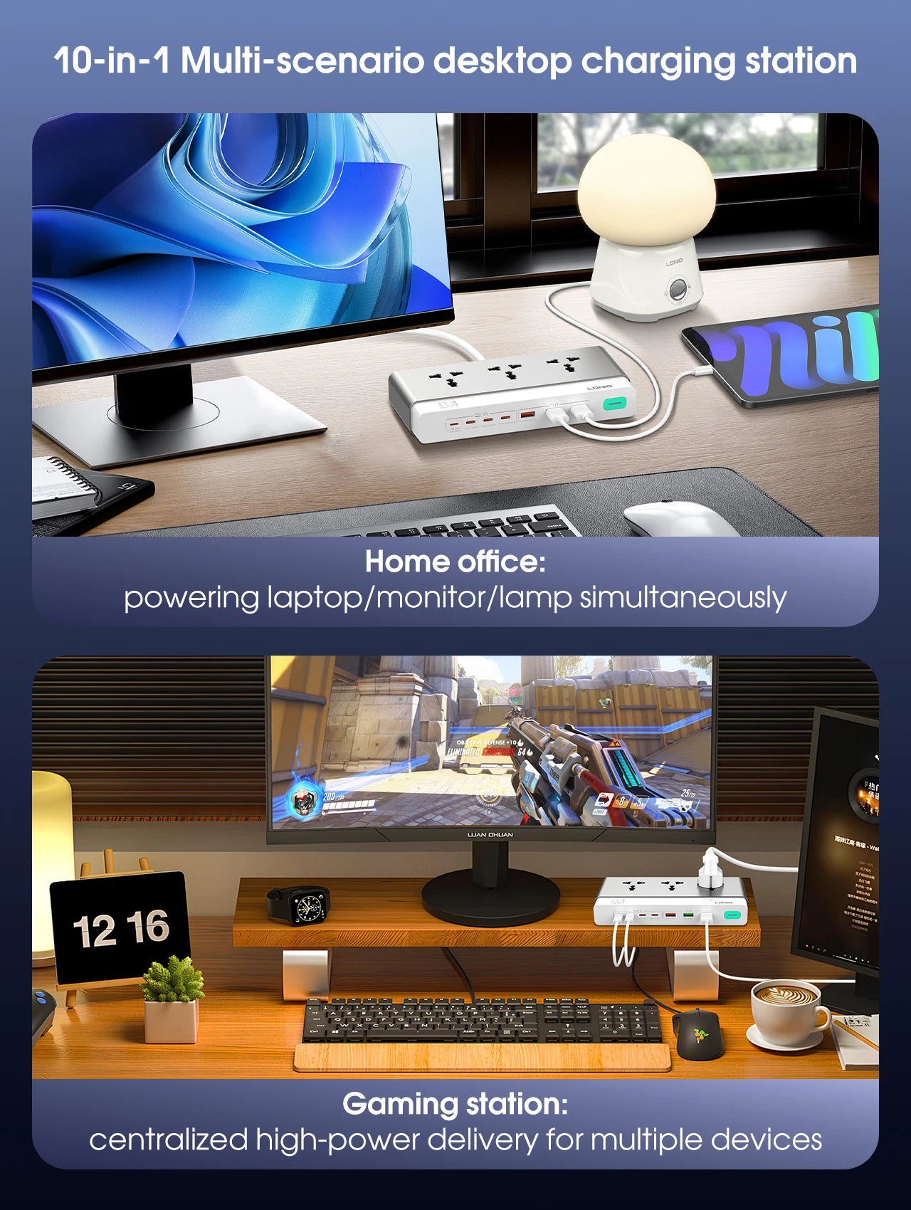 LDNIO Multiple Desktop Power Strip 3 AC Outlet Power Socket 65W Fast Charging PD QC USB-C USB-A 2M Power Cord EU UK US KR Plug