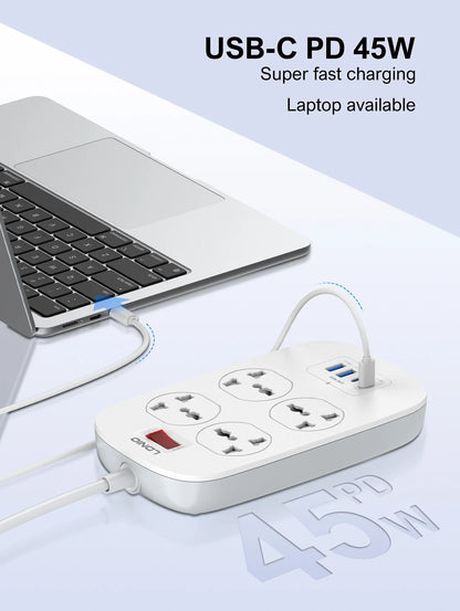 LDNIO 4 Outlets Universal Power Strip with 45W PD USB C Fast Charging 2M Extension Cable Surge Protector EU US UK Plug Socket