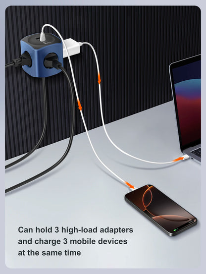 LDNIO European power strip cube power socket 65w fast charging station USB-C USB-A 3 outlet power tower 2m EU plug power cord