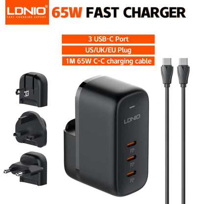 LDNIO GaN 65W USB C Charger Travel Charger PD QC Wall Charger 3 Port International Plug Adapter EU UK US AU Travel Plug Adapter
