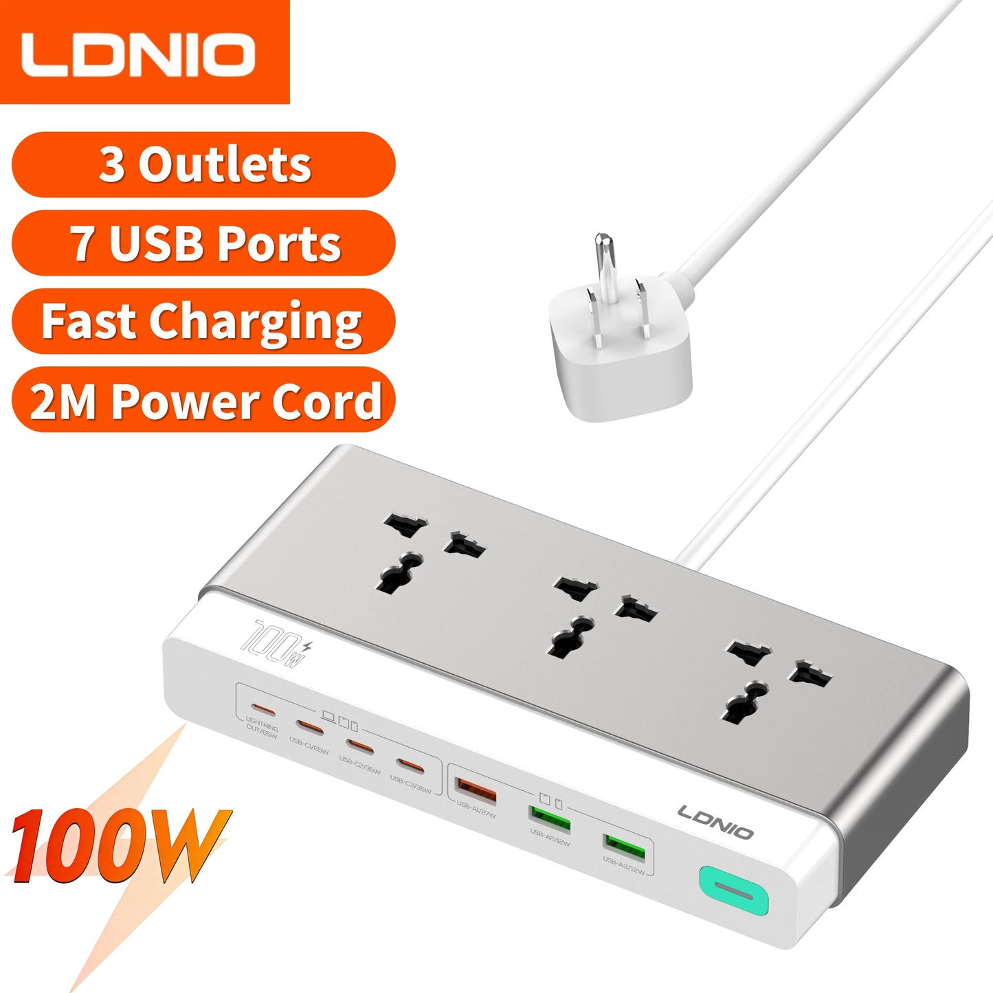 LDNIO 100W Travel Power Strip 3 AC Outlets 5 USB Ports Type C 2M  Power Extension Multi Socket 2500W with Switch for Home office