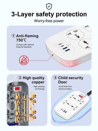 LDNIO 4 Outlets Universal Power Strip with 45W PD USB C Fast Charging 2M Extension Cable Surge Protector EU US UK Plug Socket