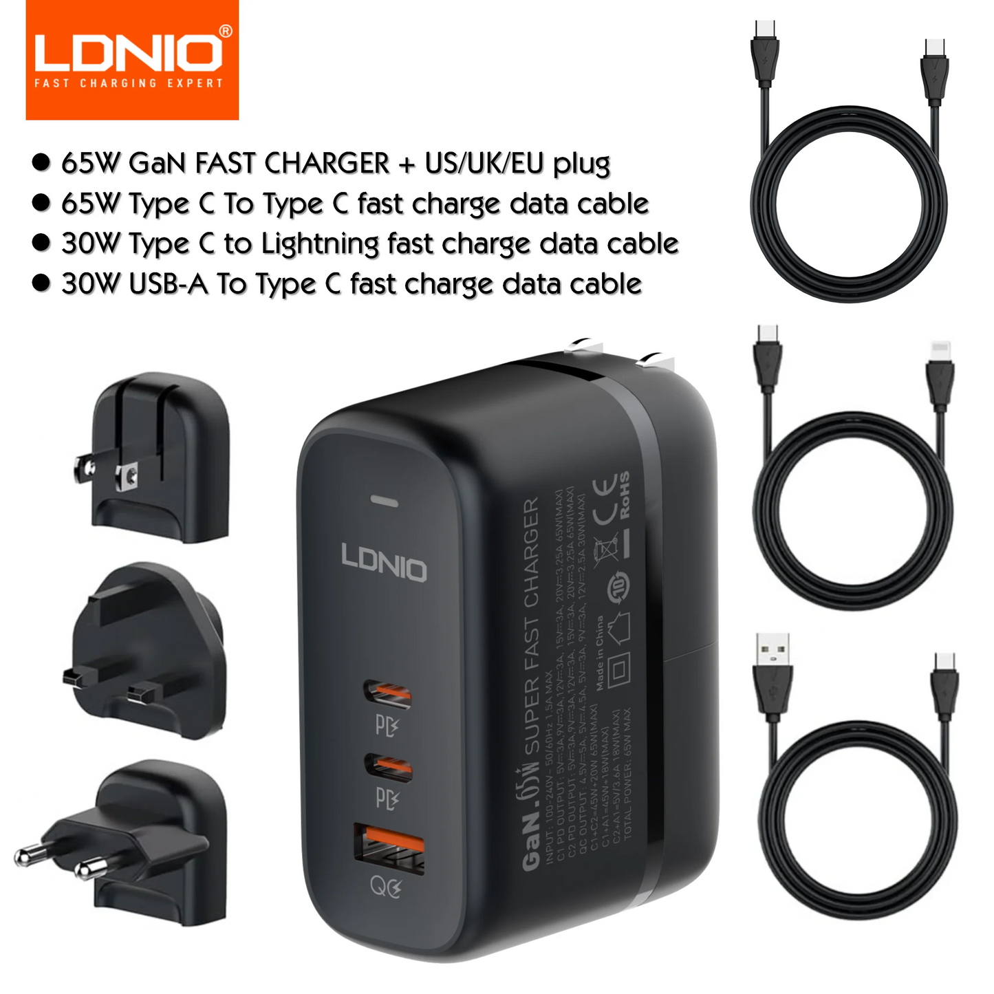 LDNIO 65W GaN USB Type C Multi Travel Power Adapter QC PD PPS SCP 45W Fast Wall Charging For iPhone 15 Galaxy iPad MacBook Air