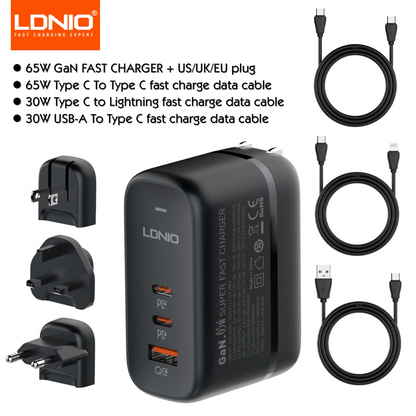 LDNIO 65W GaN USB Type C Multi Travel Power Adapter QC PD PPS SCP 45W Fast Wall Charging For iPhone 15 Galaxy iPad MacBook Air