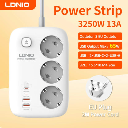 LDNIO EU Plug Power Strip 3 Outlet with 65W 4 USB C Port Electrical Socket Universal Outlet Home Office Adapter Surge Protector