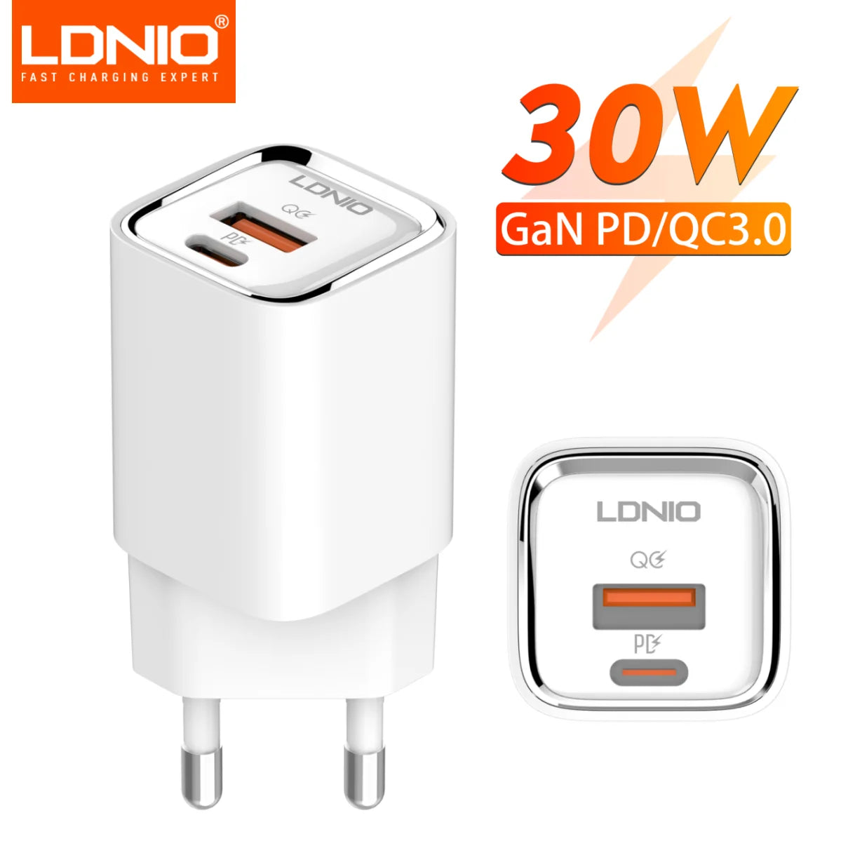 30W USB C Charger LDNIO GaN Compact Fast Wall Charger Block USB-C Power Adapter for Galaxy S23, Google AirPods