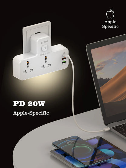 LDNIO POWER SOCKET Universal 2 Outlet 20W PD QC3.0 3 USB Wall Charger NIGHT-LAMP Power Strip Adapter Multiple Plug Expander