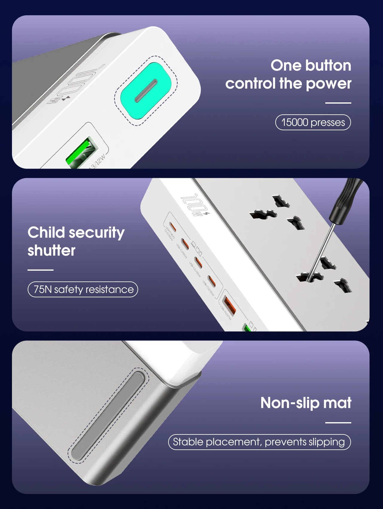 LDNIO 100W Travel Power Strip 3 AC Outlets 5 USB Ports Type C 2M  Power Extension Multi Socket 2500W with Switch for Home office