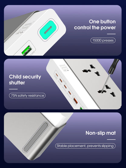 LDNIO Multiple Desktop Power Strip 3 AC Outlet Power Socket 65W Fast Charging PD QC USB-C USB-A 2M Power Cord EU UK US KR Plug